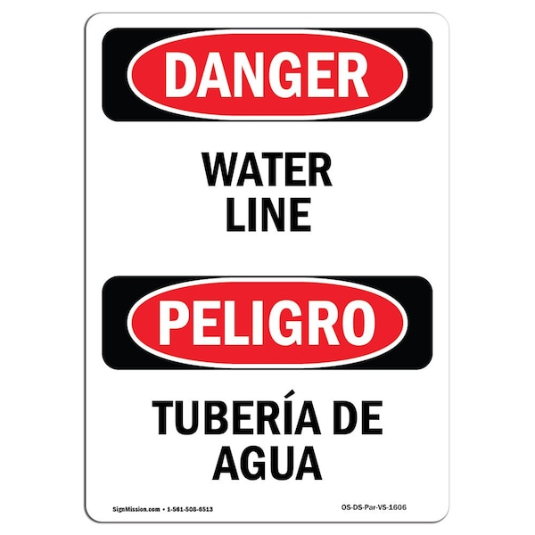 Safety Sign, OSHA Danger, 5" Height, Water Line, Bilingual Spanish, 10PK